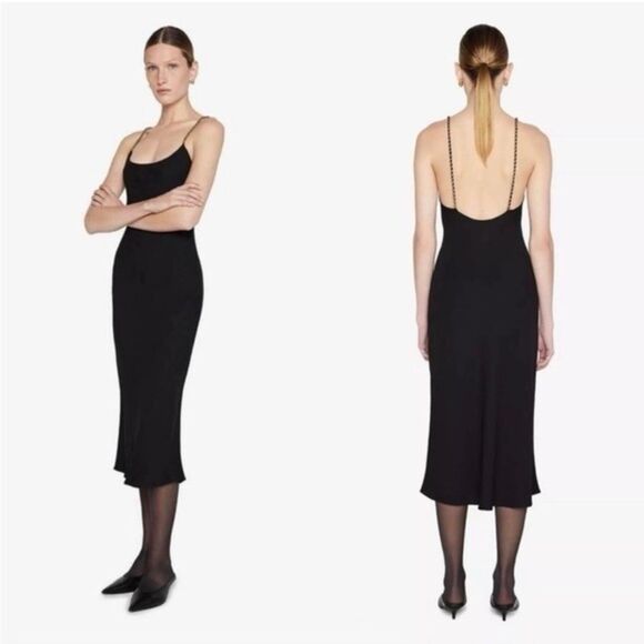 ANINE BING Chelsea Chain Strap Black Midi Dress Size Large Slip Shift Crepe - Picture 12 of 14